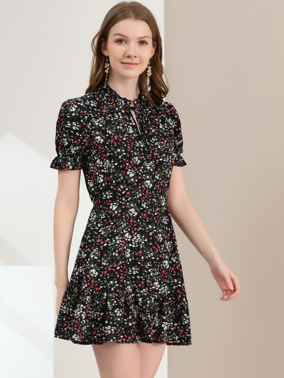 Summer Chiffon Tie Neck Puff Short Sleeve Floral Ruffle Smock Dress