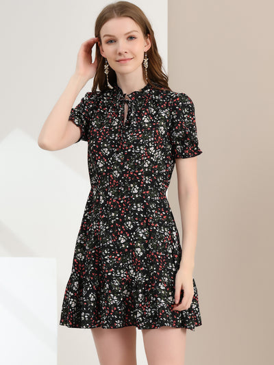 Summer Chiffon Tie Neck Puff Short Sleeve Floral Ruffle Smock Dress