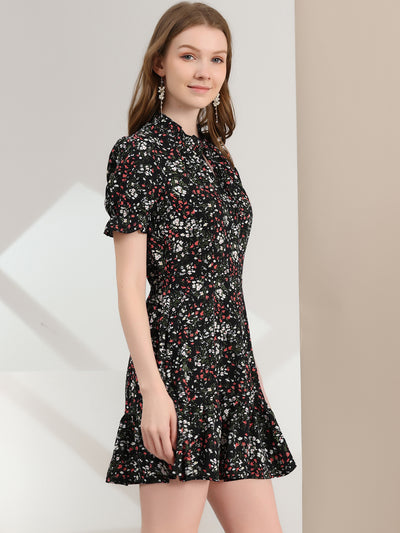 Summer Chiffon Tie Neck Puff Short Sleeve Floral Ruffle Smock Dress