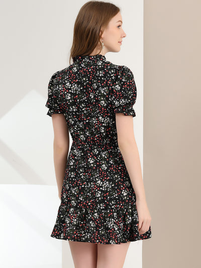 Summer Chiffon Tie Neck Puff Short Sleeve Floral Ruffle Smock Dress