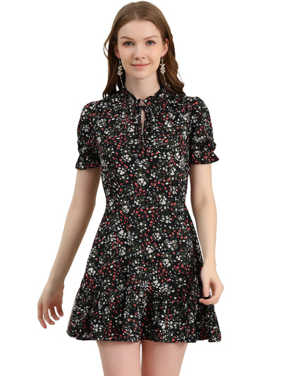 Summer Chiffon Tie Neck Puff Short Sleeve Floral Ruffle Smock Dress