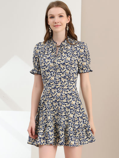 Summer Chiffon Tie Neck Puff Short Sleeve Floral Ruffle Smock Dress