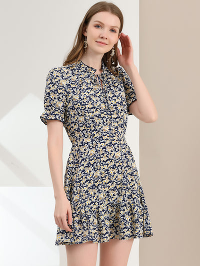 Summer Chiffon Tie Neck Puff Short Sleeve Floral Ruffle Smock Dress