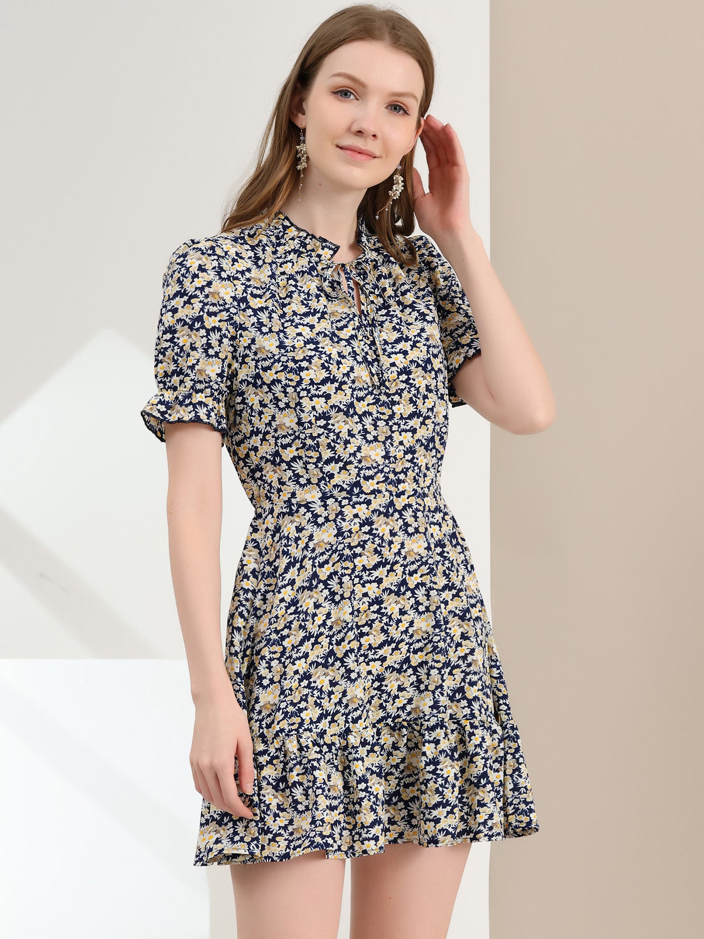 Allegra K Summer Chiffon Tie Neck Puff Short Sleeve Floral Ruffle Smock Dress