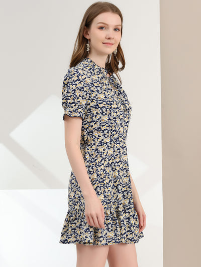 Summer Chiffon Tie Neck Puff Short Sleeve Floral Ruffle Smock Dress