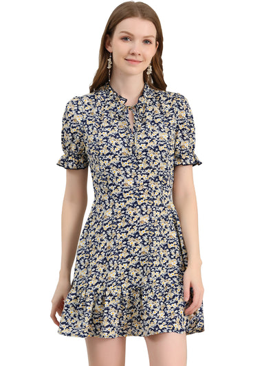 Summer Chiffon Tie Neck Puff Short Sleeve Floral Ruffle Smock Dress