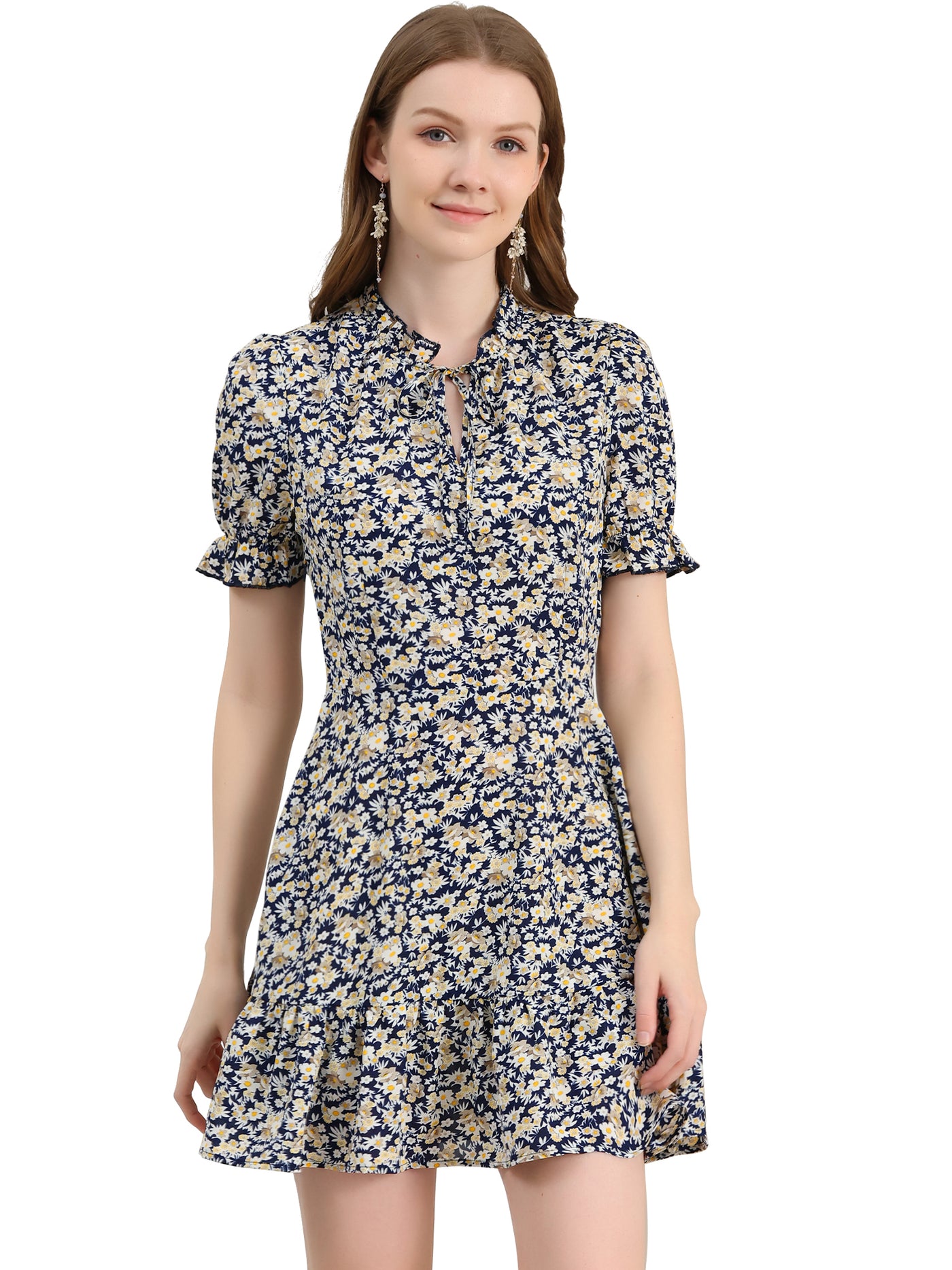 Allegra K Summer Chiffon Tie Neck Puff Short Sleeve Floral Ruffle Smock Dress