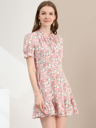 Summer Chiffon Tie Neck Puff Short Sleeve Floral Ruffle Smock Dress