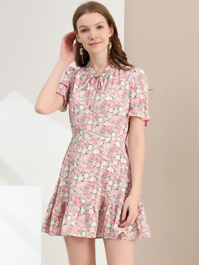 Summer Chiffon Tie Neck Puff Short Sleeve Floral Ruffle Smock Dress