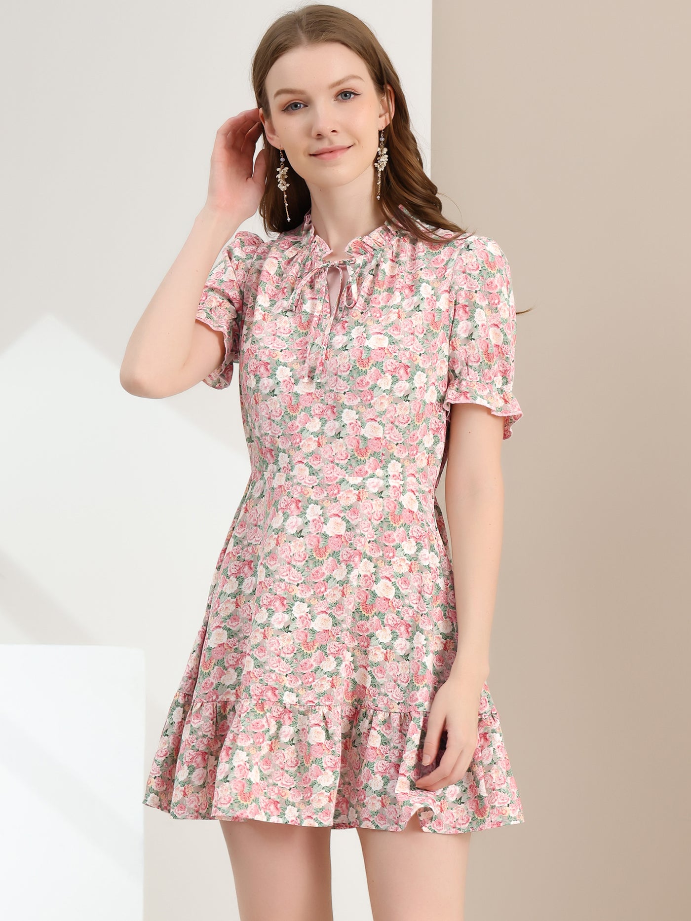 Allegra K Summer Chiffon Tie Neck Puff Short Sleeve Floral Ruffle Smock Dress