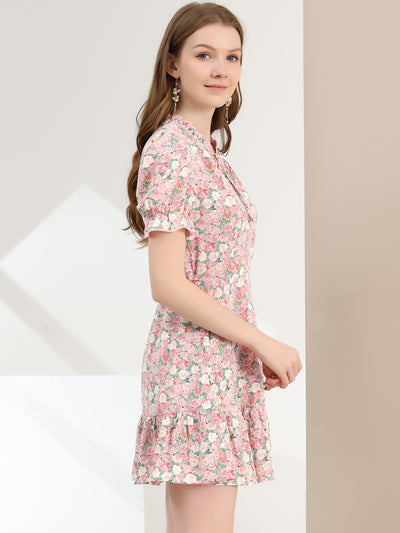 Summer Chiffon Tie Neck Puff Short Sleeve Floral Ruffle Smock Dress