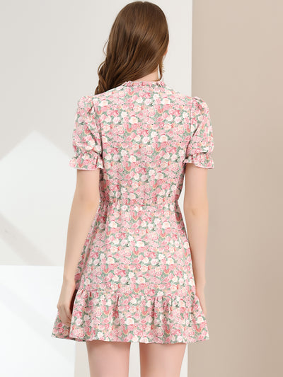 Summer Chiffon Tie Neck Puff Short Sleeve Floral Ruffle Smock Dress