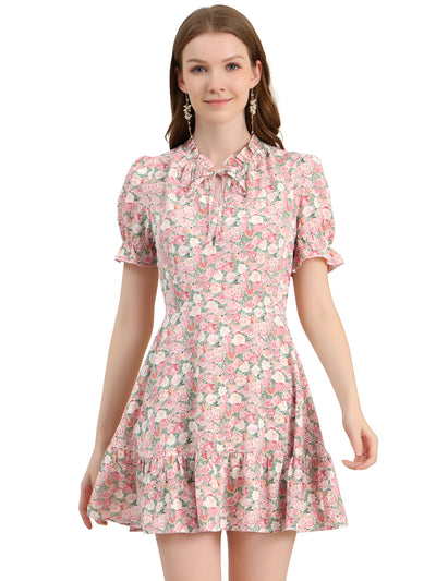 Summer Chiffon Tie Neck Puff Short Sleeve Floral Ruffle Smock Dress