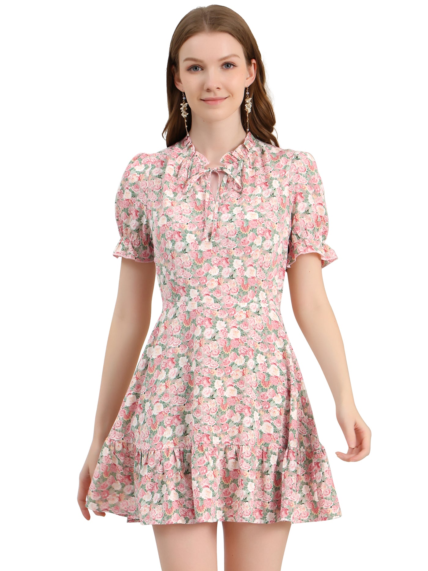 Allegra K Summer Chiffon Tie Neck Puff Short Sleeve Floral Ruffle Smock Dress