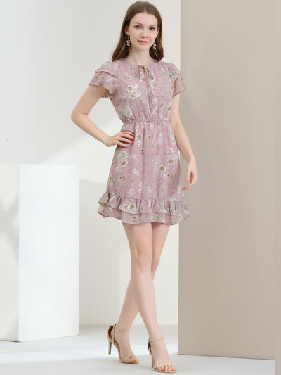 Ruffle Sleeve V Neck Above Knee A-Line Floral Chiffon Dress