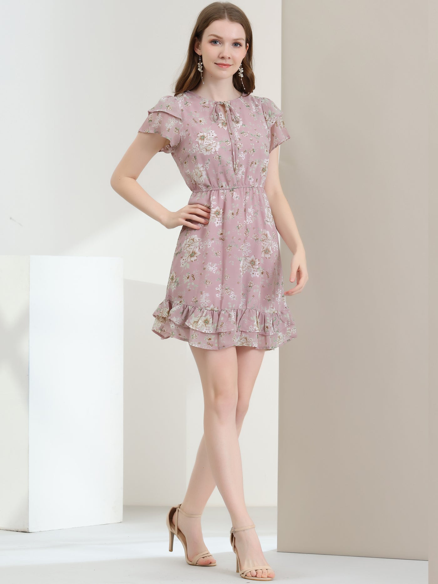 Allegra K Ruffle Sleeve V Neck Above Knee A-Line Floral Chiffon Dress