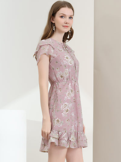 Ruffle Sleeve V Neck Above Knee A-Line Floral Chiffon Dress