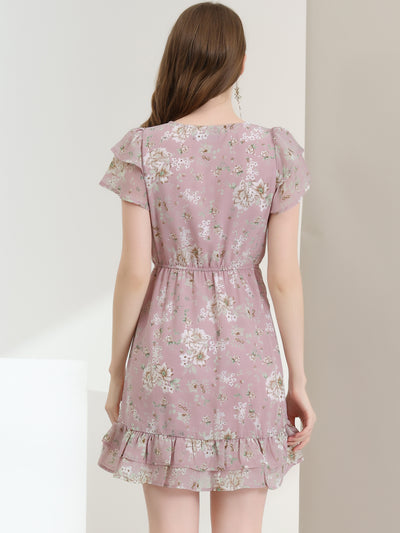 Ruffle Sleeve V Neck Above Knee A-Line Floral Chiffon Dress