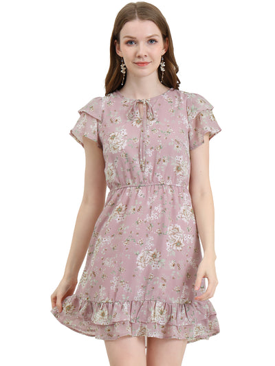 Ruffle Sleeve V Neck Above Knee A-Line Floral Chiffon Dress