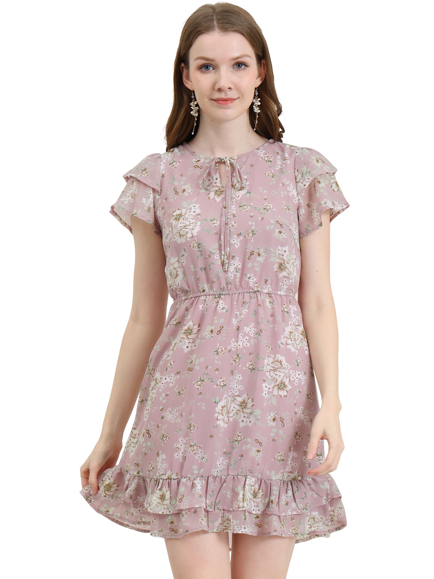 Allegra K Ruffle Sleeve V Neck Above Knee A-Line Floral Chiffon Dress