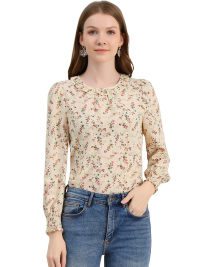 Puff Sleeve Top Elegant Floral Print Smocked Cuffs Ruffle Neck Blouse