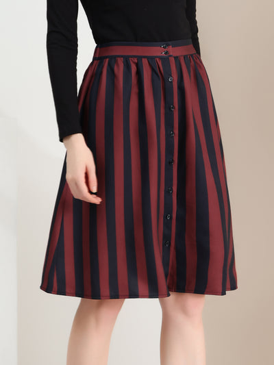 Striped Button Front Elastic Back Waist A-Line Midi Skirt