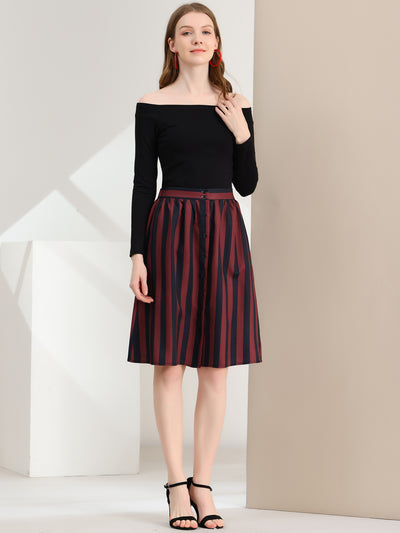 Striped Button Front Elastic Back Waist A-Line Midi Skirt