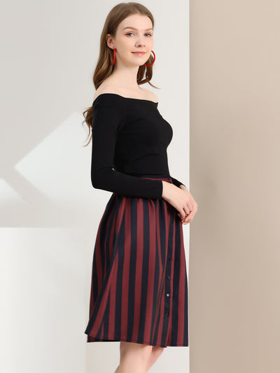 Striped Button Front Elastic Back Waist A-Line Midi Skirt