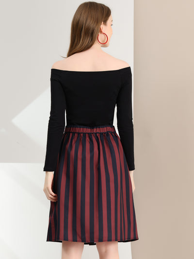 Striped Button Front Elastic Back Waist A-Line Midi Skirt