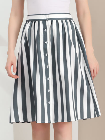 Striped Button Front Elastic Back Waist A-Line Midi Skirt