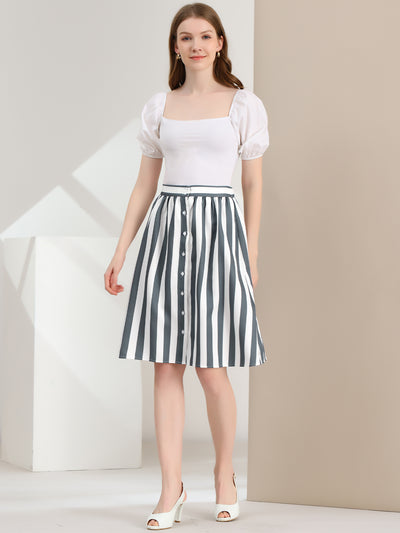 Striped Button Front Elastic Back Waist A-Line Midi Skirt