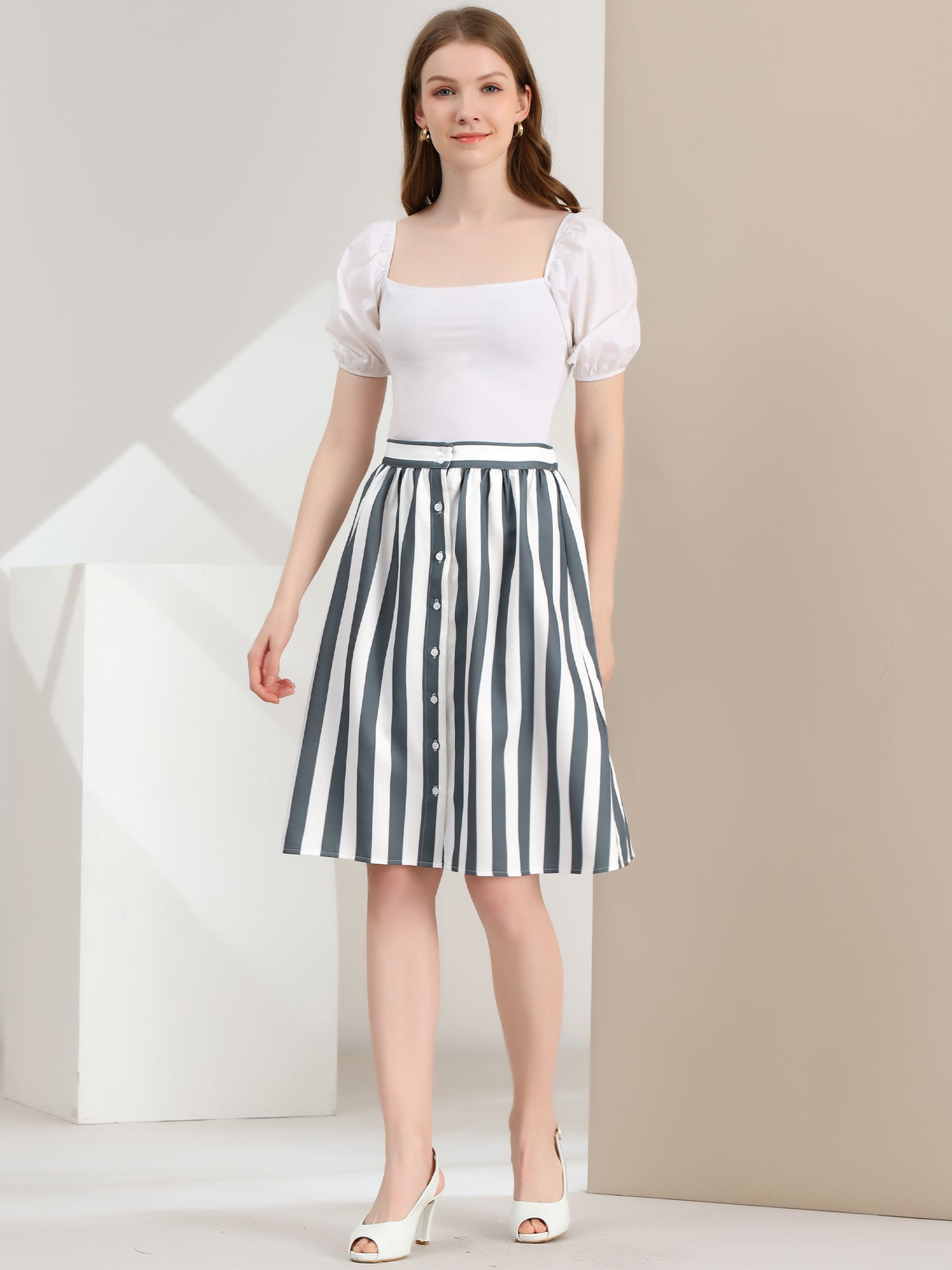 Allegra K Striped Button Front Elastic Back Waist A-Line Midi Skirt