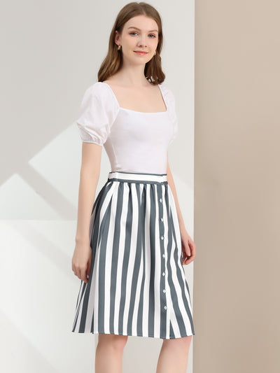 Striped Button Front Elastic Back Waist A-Line Midi Skirt