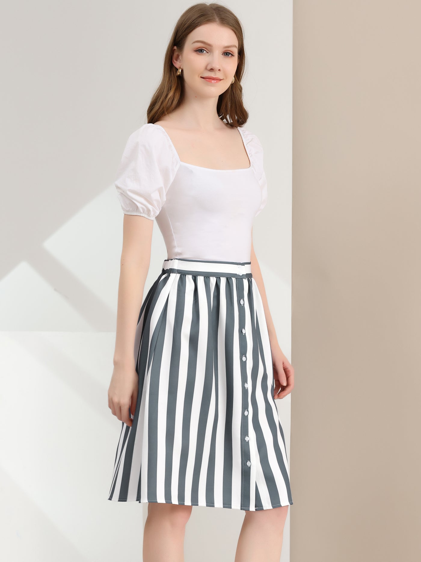 Allegra K Striped Button Front Elastic Back Waist A-Line Midi Skirt