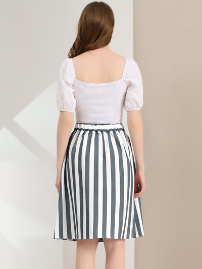 Striped Button Front Elastic Back Waist A-Line Midi Skirt