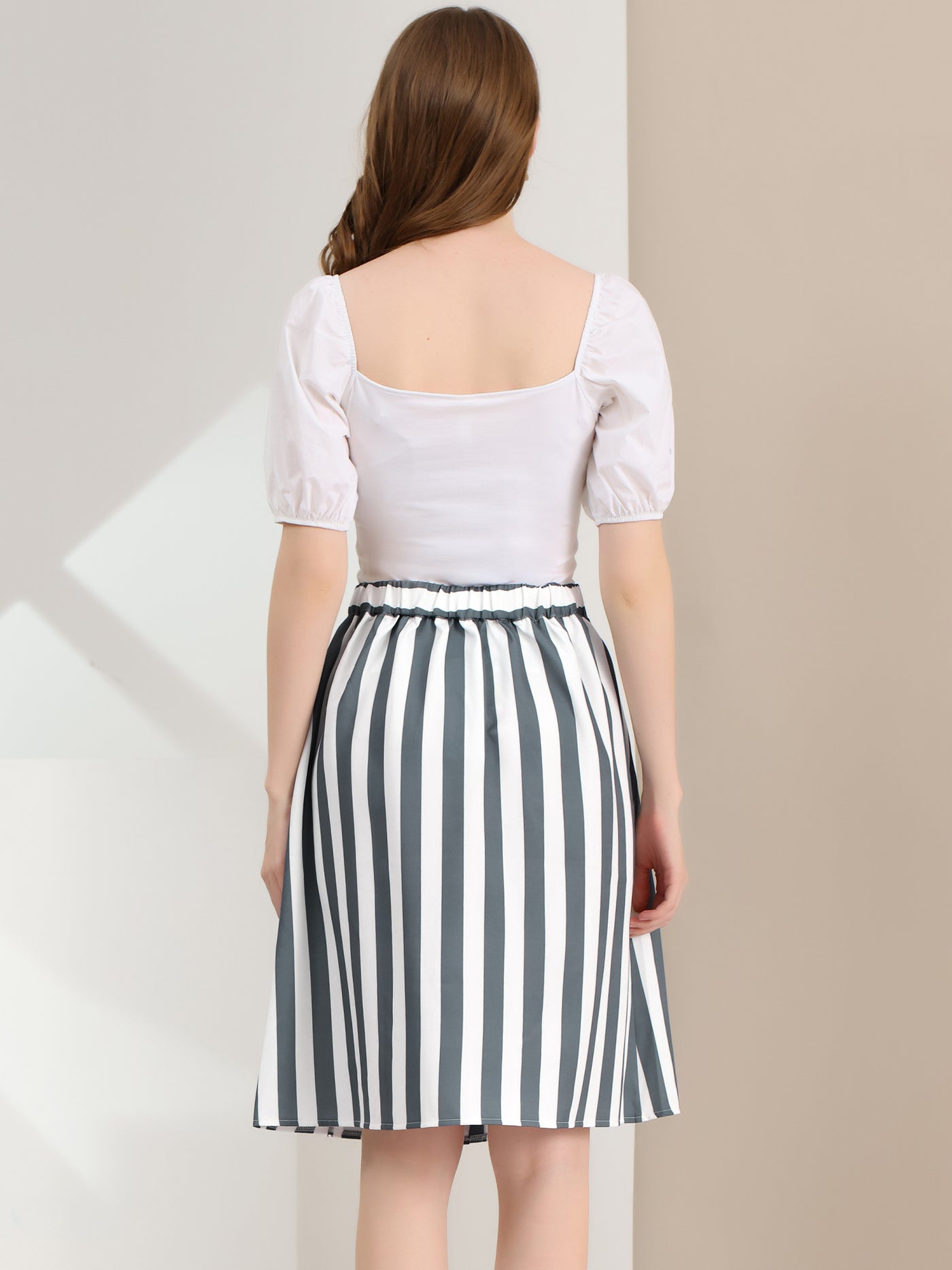 Allegra K Striped Button Front Elastic Back Waist A-Line Midi Skirt