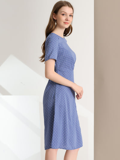 Polka Dots Short Sleeve Slit Front Casual Office Midi Dress