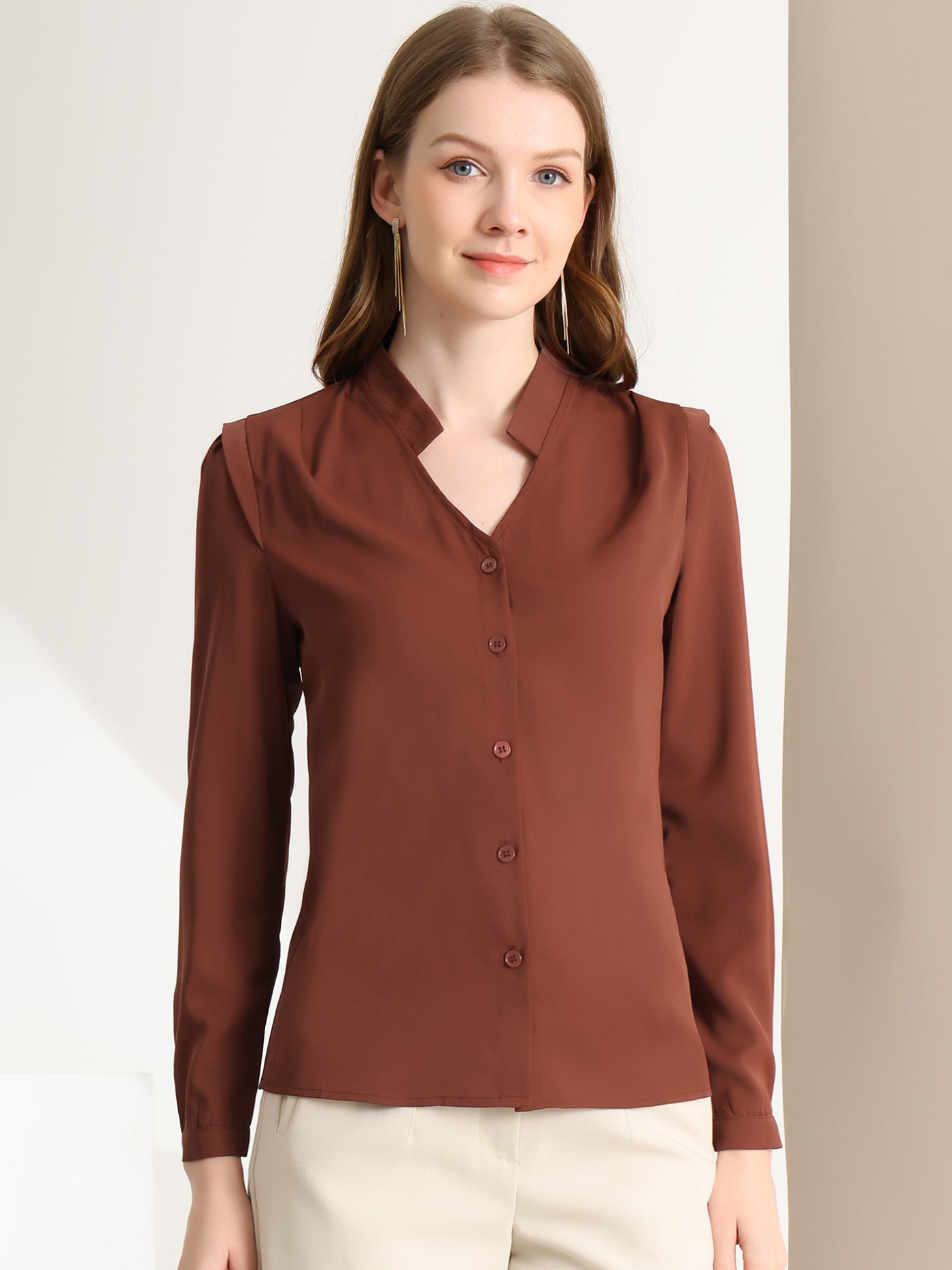 Allegra K Work Office Button Up Long Sleeve Chiffon Shirt