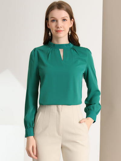 Work Keyhole Shirt Stand Collar Long Sleeve Chiffon Blouse