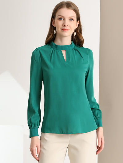 Work Keyhole Shirt Stand Collar Long Sleeve Chiffon Blouse