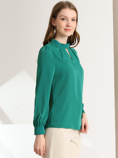 Work Keyhole Shirt Stand Collar Long Sleeve Chiffon Blouse