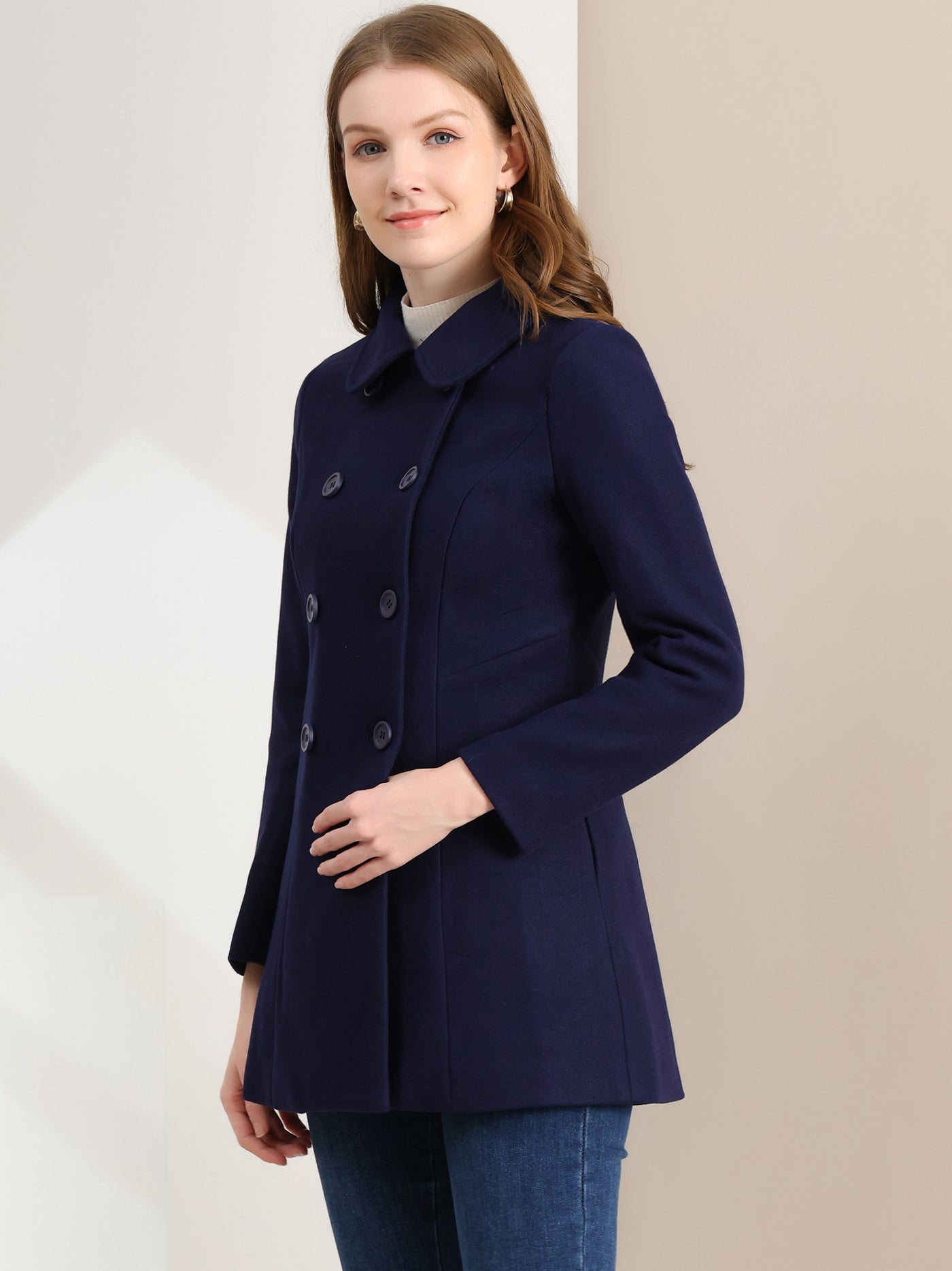 Allegra K Peter Pan Collar Double Breasted Long Trench Pea Coat