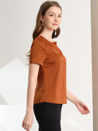 Satin Blouse Pleated Round Neck Button Front Puff Sleeve Office Top