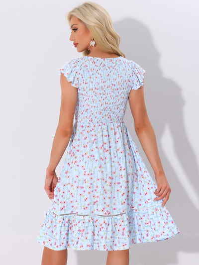 Midi Smocked Cap Short Sleeve Floral Fit and Flare Dress