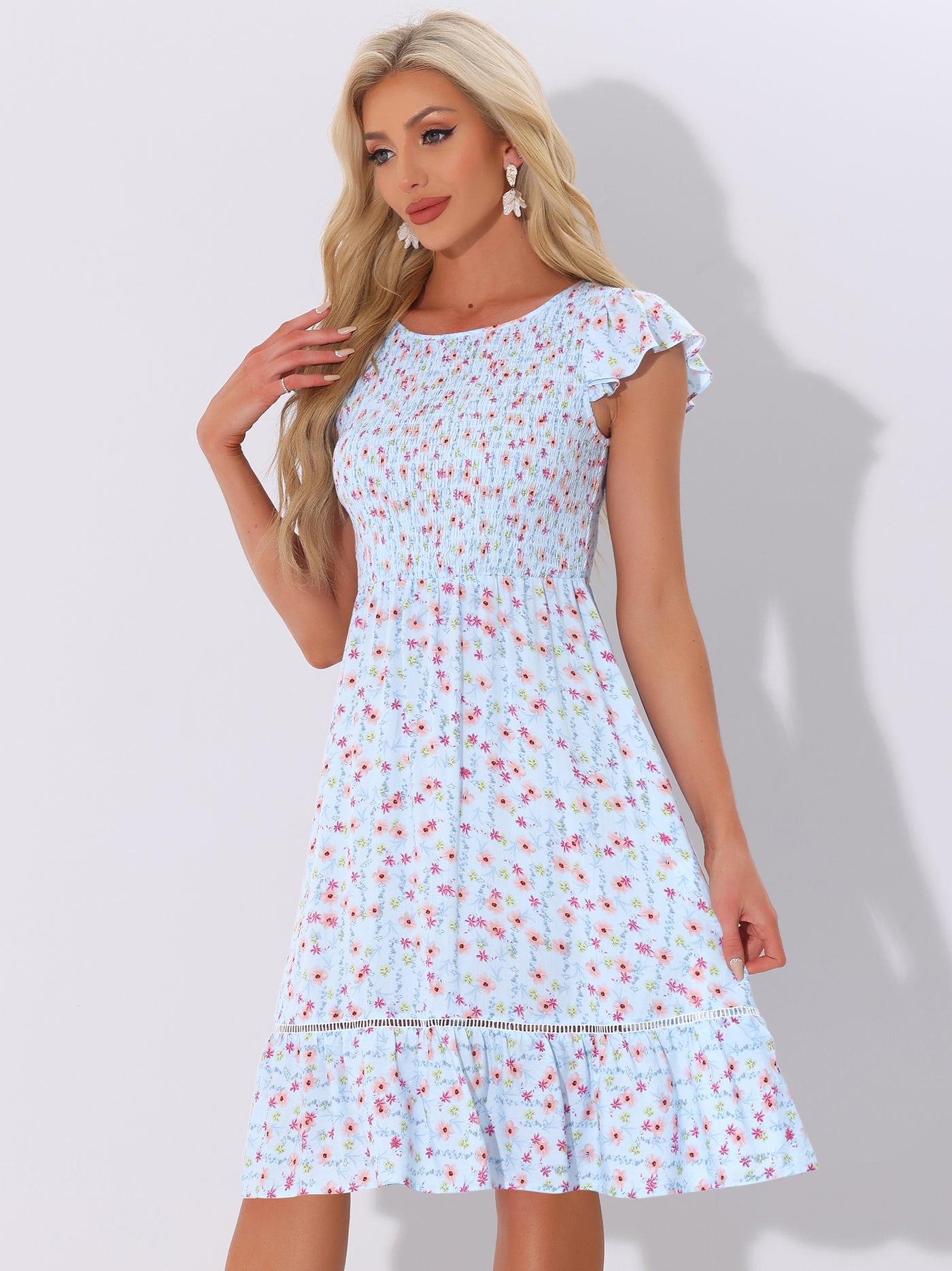 Allegra K Midi Smocked Cap Short Sleeve Floral Fit and Flare Dress