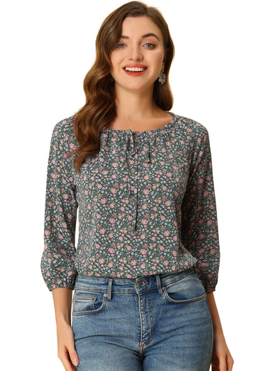 Bow Tie Neck 3/4 Raglan Sleeve Floral Blouse Tops