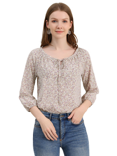 Bow Tie Neck 3/4 Raglan Sleeve Floral Blouse Tops