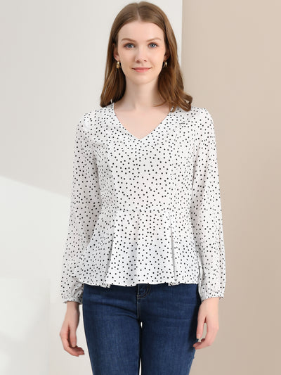 Dots Retro V Neck Long Sleeve Work Peplum Blouse Top