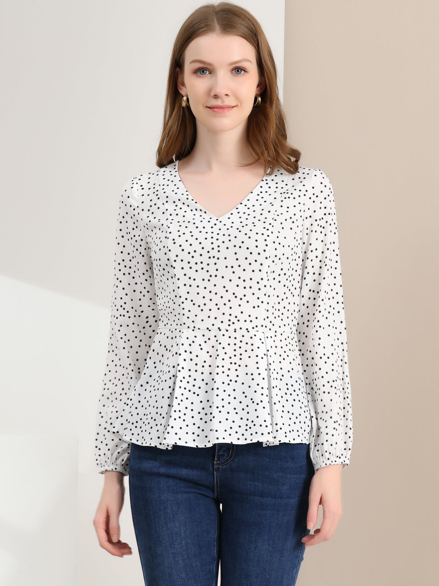 Allegra K Dots Retro V Neck Long Sleeve Work Peplum Blouse Top