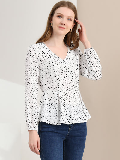 Dots Retro V Neck Long Sleeve Work Peplum Blouse Top